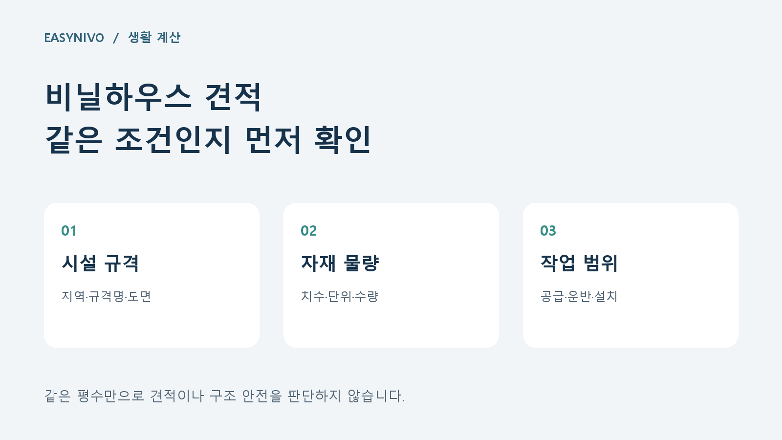 비닐하우스 견적 같은 조건인지 먼저 확인: 시설 규격 → 자재 물량 → 작업 범위 순서의 자체 제작 도식
