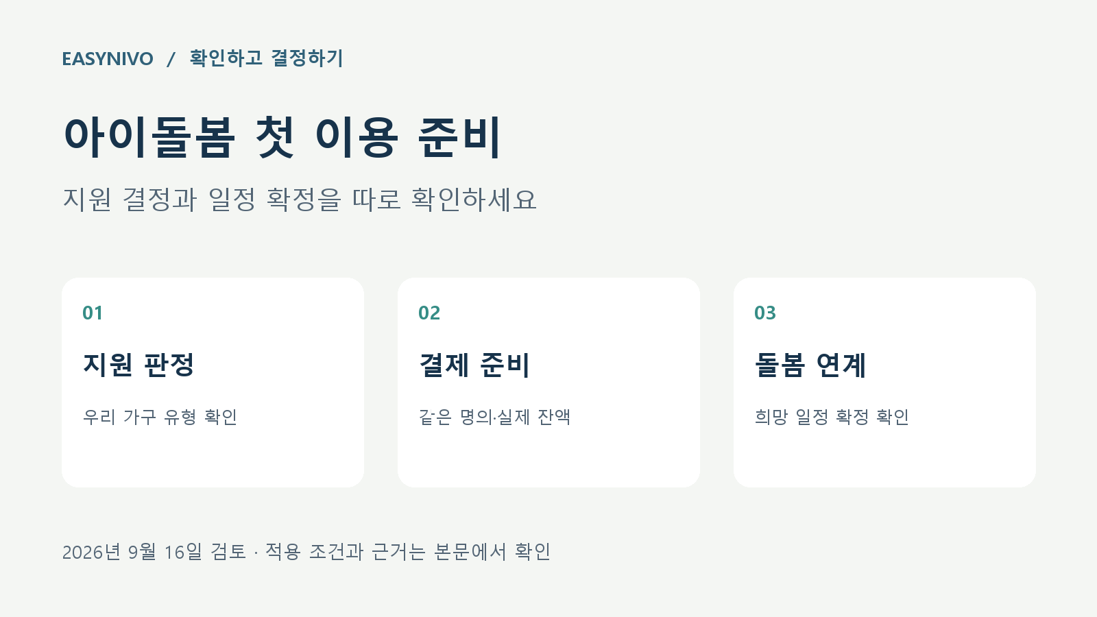 아이돌봄 첫 이용 준비: 지원 판정에서 가구 유형 확인, 결제 준비에서 같은 명의와 실제 잔액 확인, 돌봄 연계에서 희망 일정 확정 확인