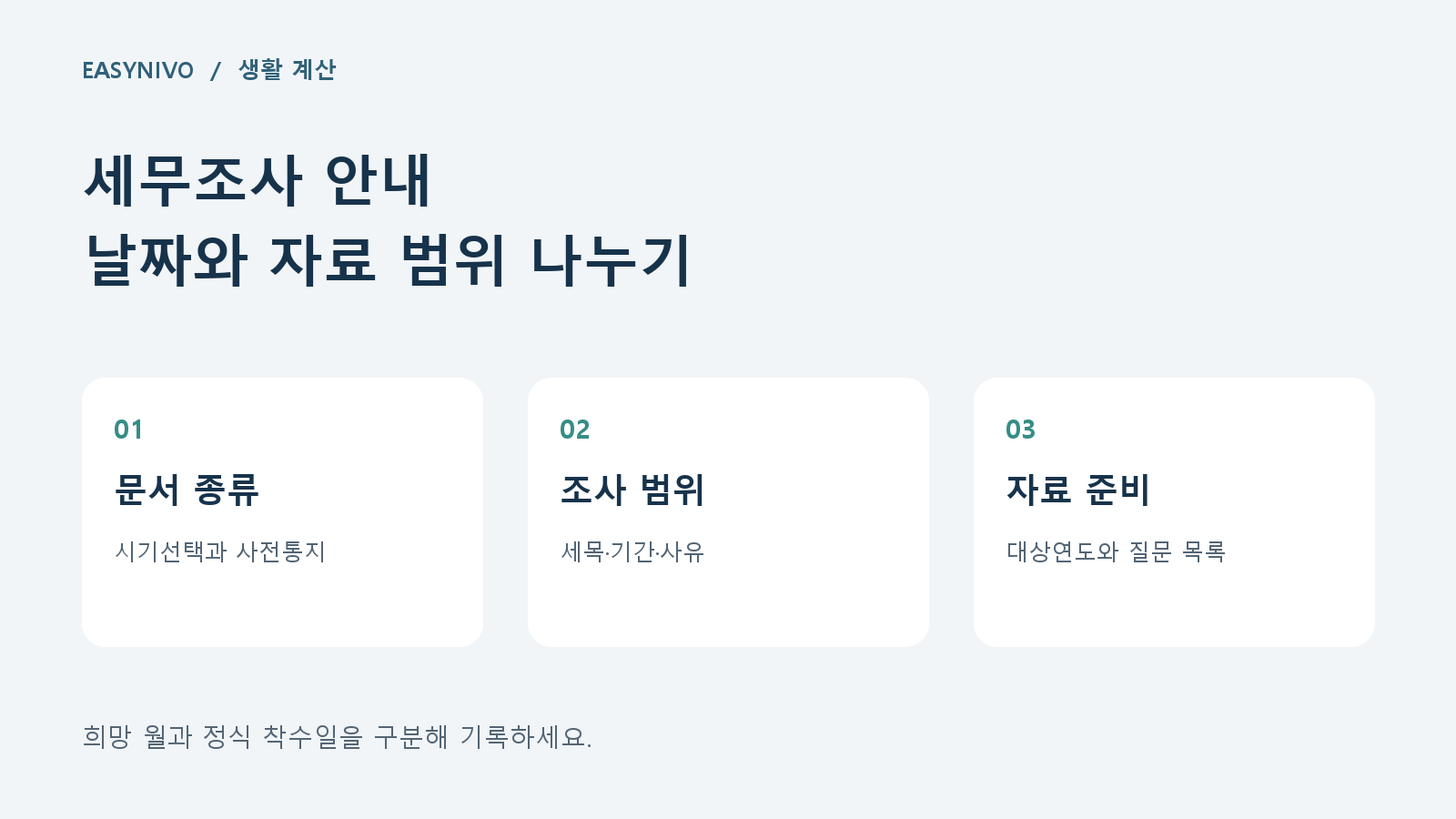 세무조사 안내 날짜와 자료 범위 나누기: 문서 종류 → 조사 범위 → 자료 준비 순서의 자체 제작 도식